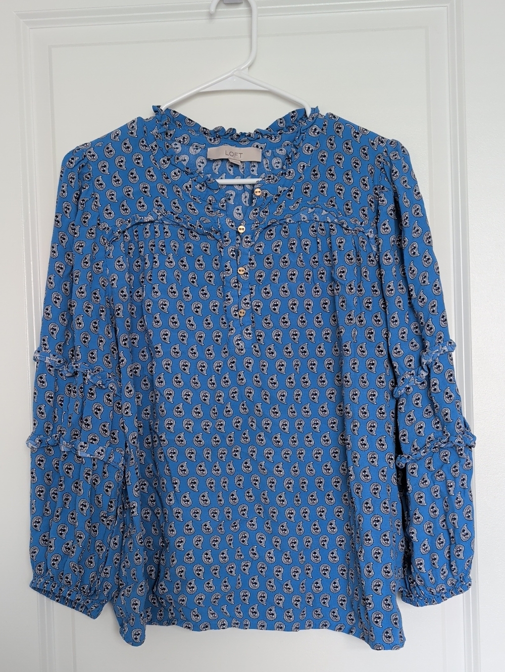 LOFT Blue Printed Ruffle-Yoke Blouse